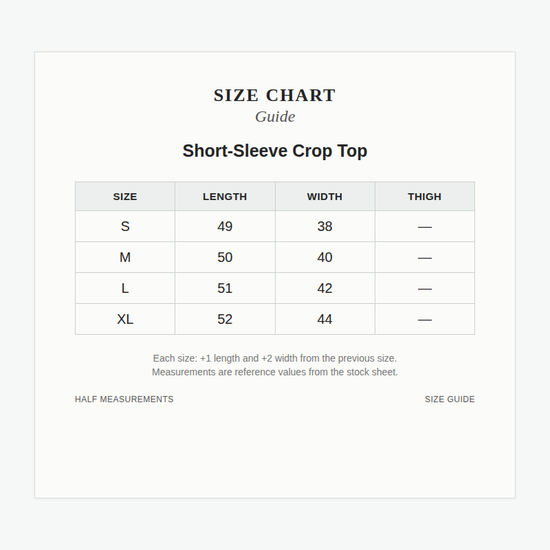Size Chart for Half-Sleeve Crop Top