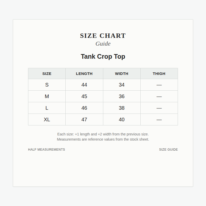 Size Chart for Crop Tank Top