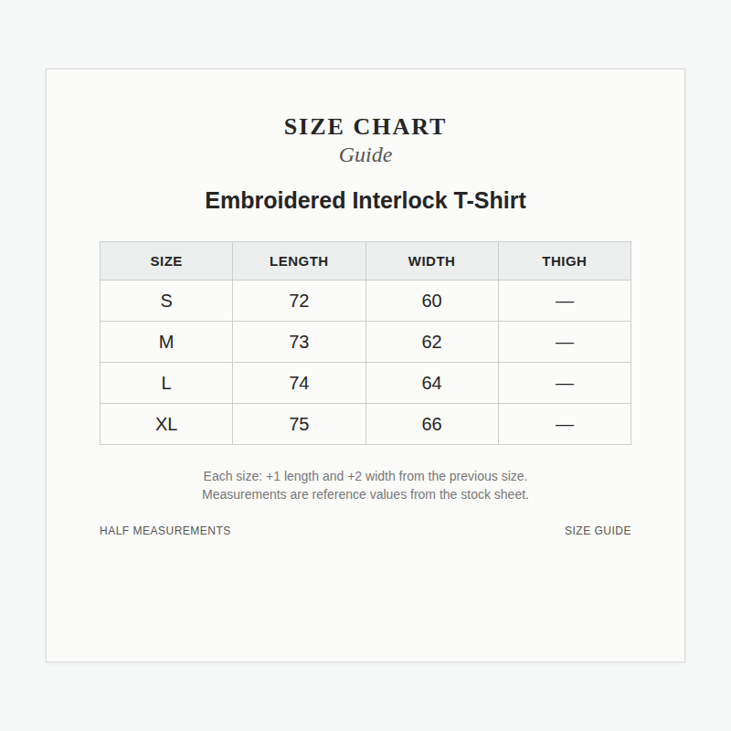 Size Chart for Embroidered Interlock T-Shirt