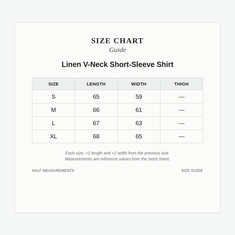 Size Chart for Linen V-Neck Shirt